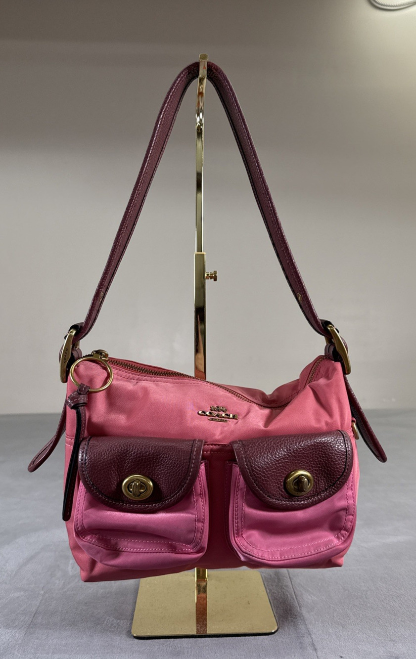 COACH Colorblock Nylon & Leather Cargo Shoulder Bag Coral, Pink, Red Charity